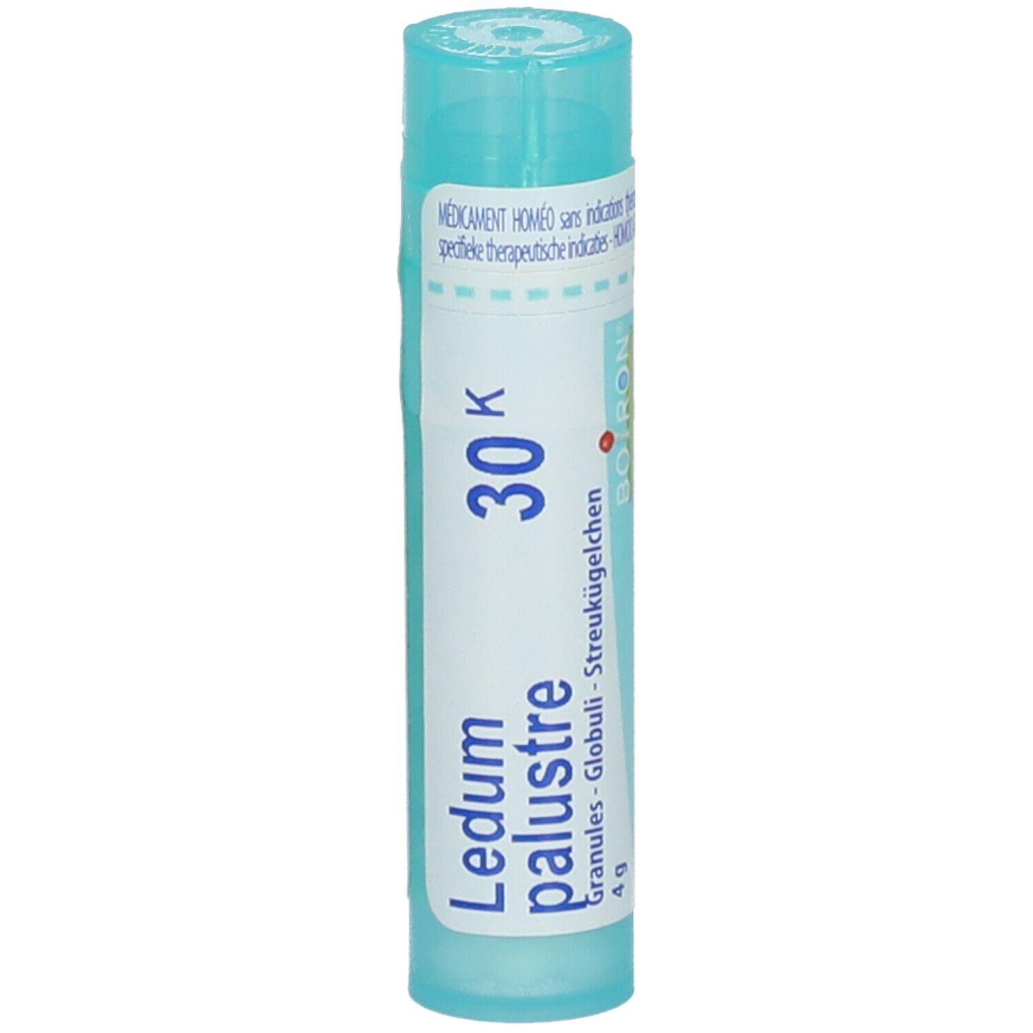 Cilindrische tube met blauwe dop. Opschrift: Ledum palustre, 30K, Boiron. Bevat granules.