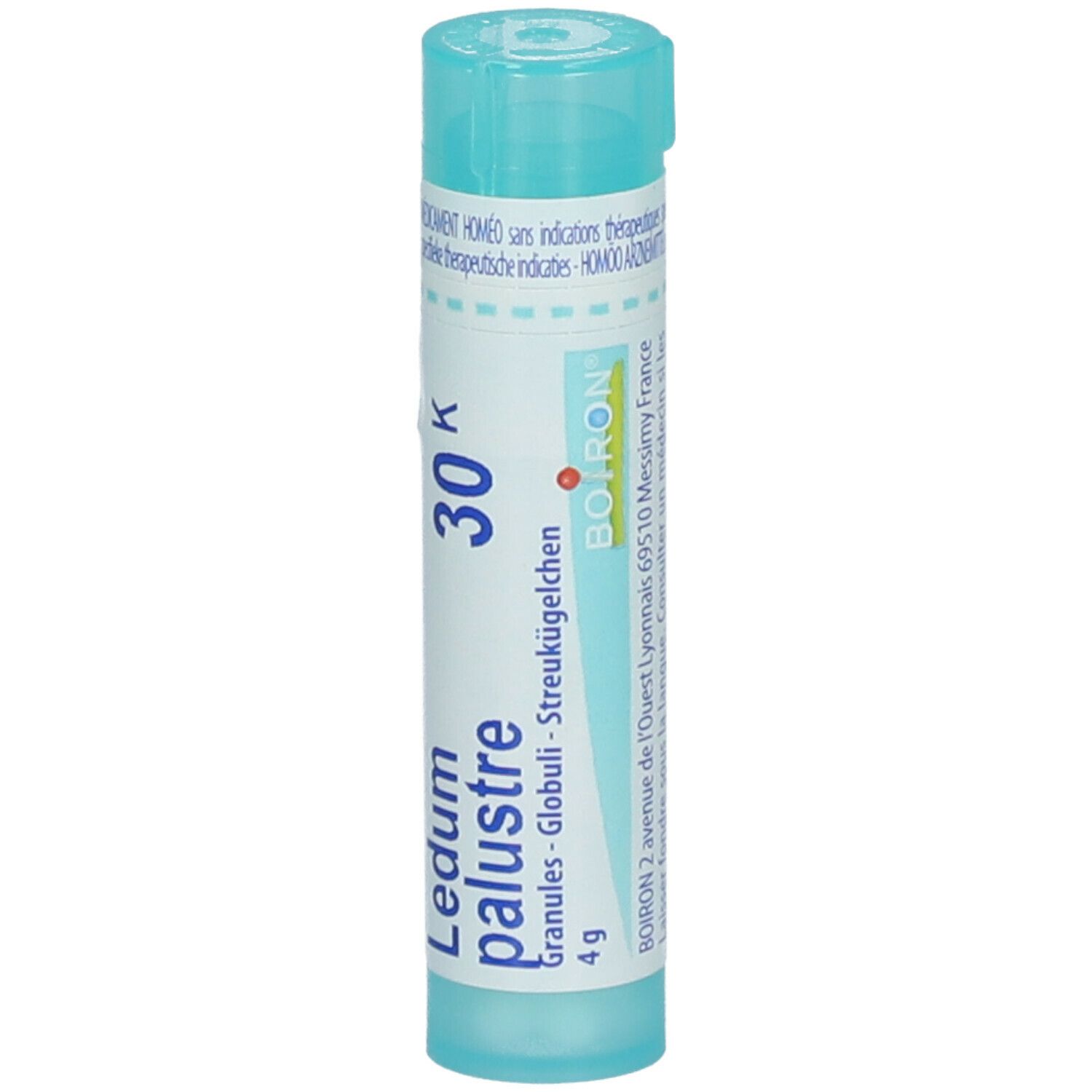 Blauwe tube met wit etiket. Opschrift: Ledum palustre, 30K, Boiron. Bevat granules. Adres.