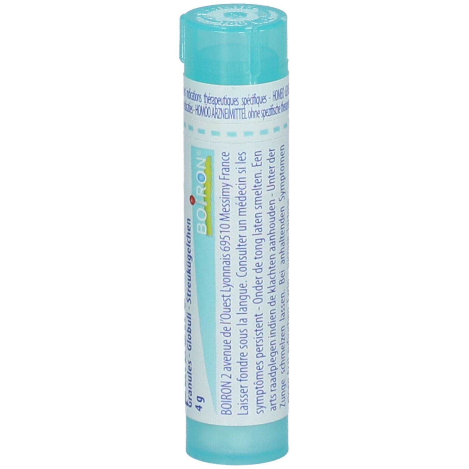 Blauwe tube met wit etiket. Opschrift: Ledum palustre, 30K, Boiron. Bevat granules. Adres.
