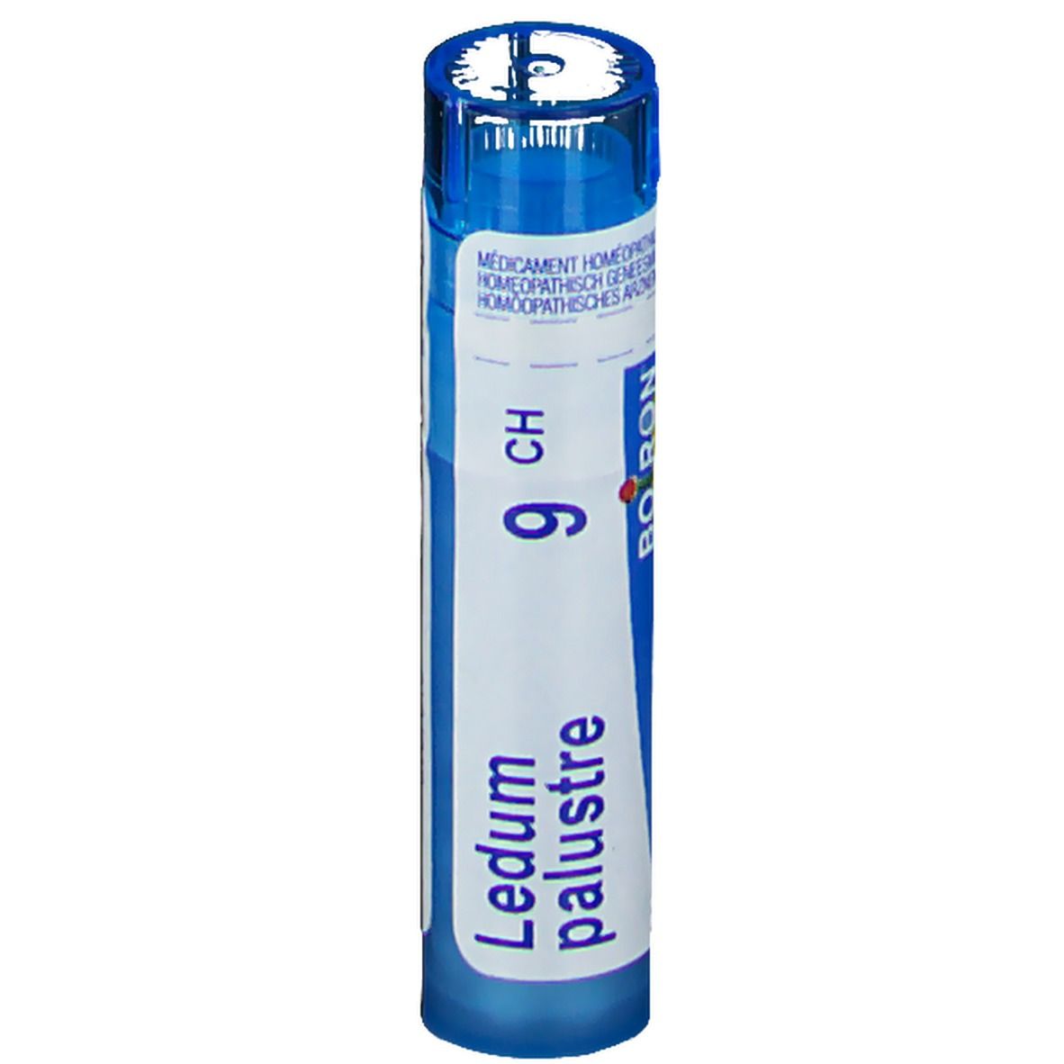 Blauw-witte tube met productinformatie. Opschrift: Ledum palustre 9 CH, Boiron.