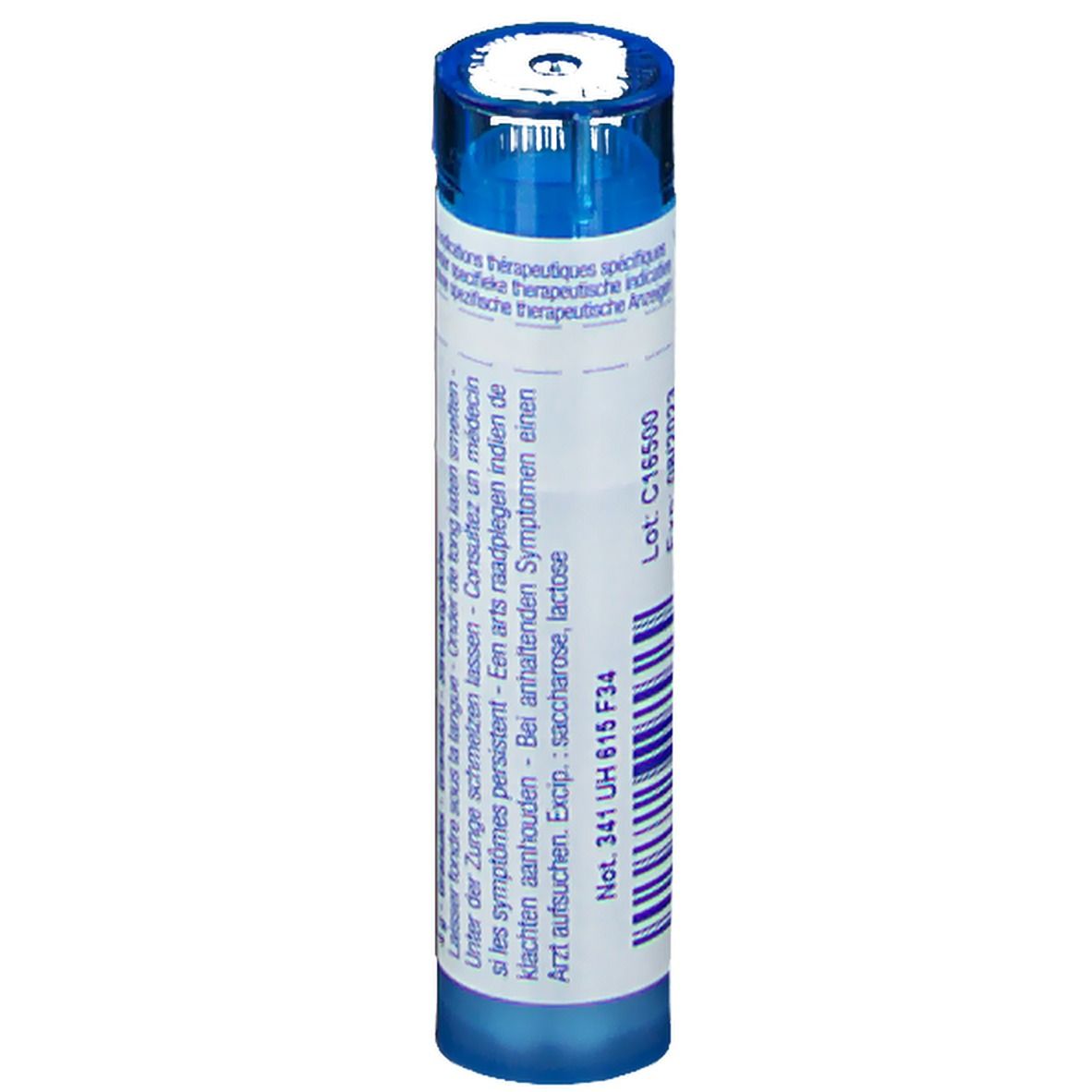 Blauw-witte tube met productinformatie. Opschrift: Lot C16500, Exp. 08/2023, ingrediënten.