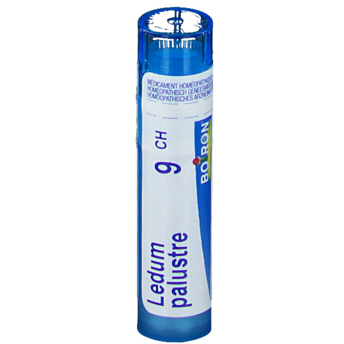 Blauw-witte tube met productinformatie. Opschrift: Ledum palustre 9 CH, Boiron.