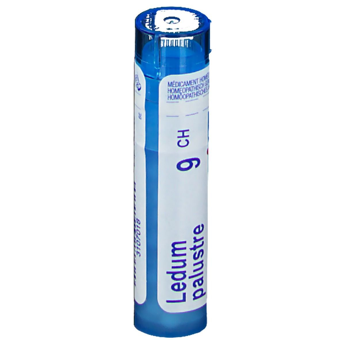 Blauw-witte tube met productinformatie. Opschrift: Ledum palustre 9 CH.