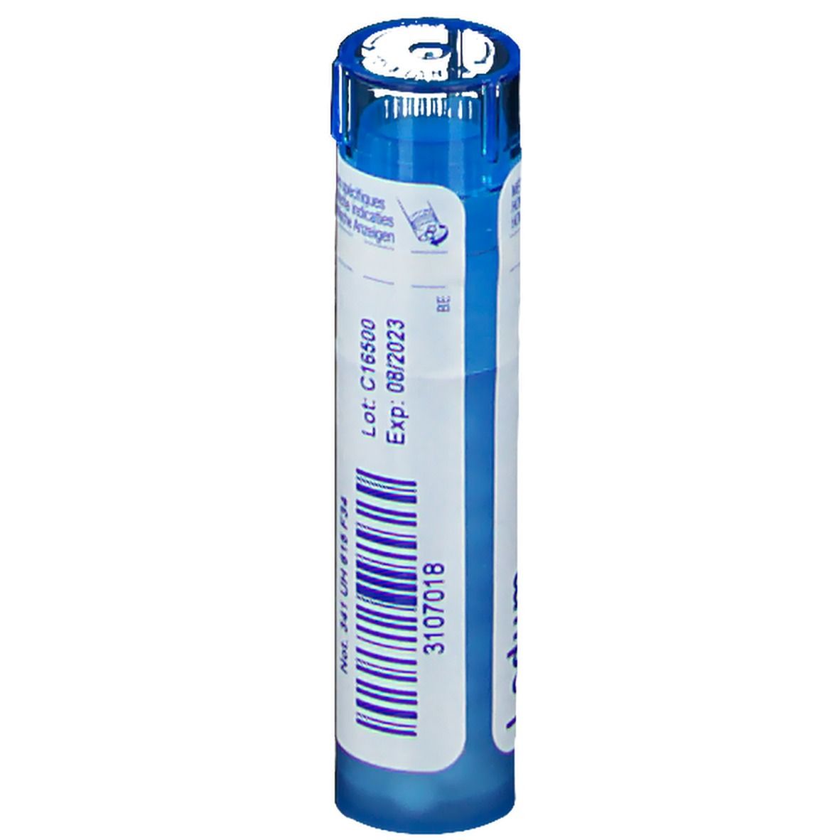 Blauw-witte tube met productinformatie. Opschrift: Lot C16500, Exp. 08/2023, 3107018.
