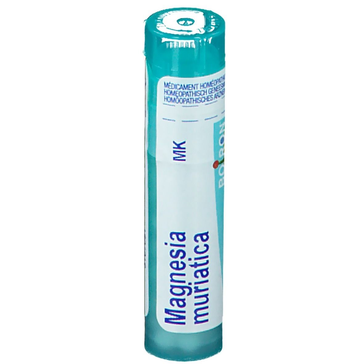 Emballage cylindrique turquoise. Inscription: Magnesia muriatica. Fabricant: Boiron. Avec couvercle.