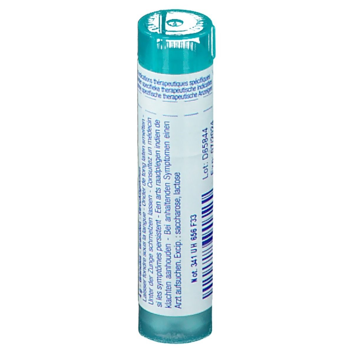 Emballage cylindrique turquoise. Inscription: Boiron. Avec couvercle. Contient saccharose, lactose. Numéro de lot et date d'expiration.
