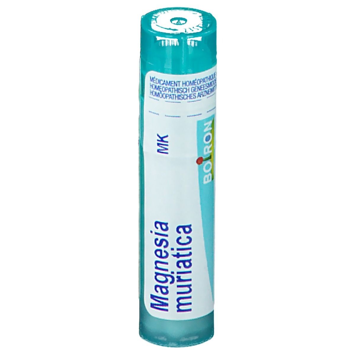 Emballage cylindrique turquoise. Inscription: Magnesia muriatica. Fabricant: Boiron. Avec couvercle.