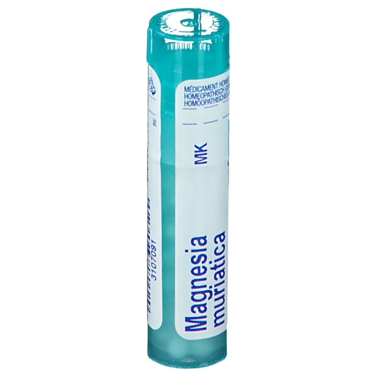 Emballage cylindrique turquoise. Inscription: Magnesia muriatica. Fabricant: Boiron. Avec couvercle.