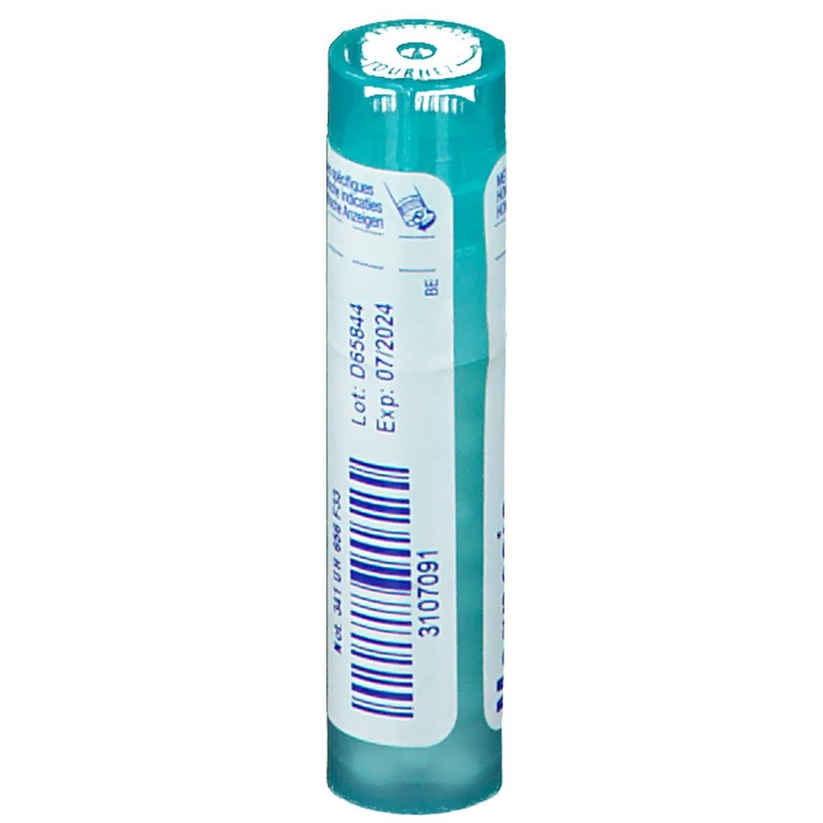 Emballage cylindrique turquoise. Inscription: Boiron. Avec couvercle. Numéro de lot et date d'expiration.