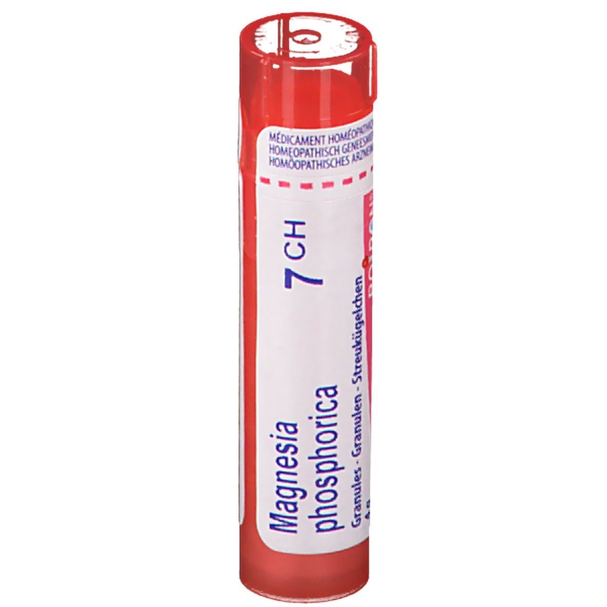 Rode cilindervormige tube met wit etiket. Opschrift: Magnesia phosphorica 7 CH, granules.