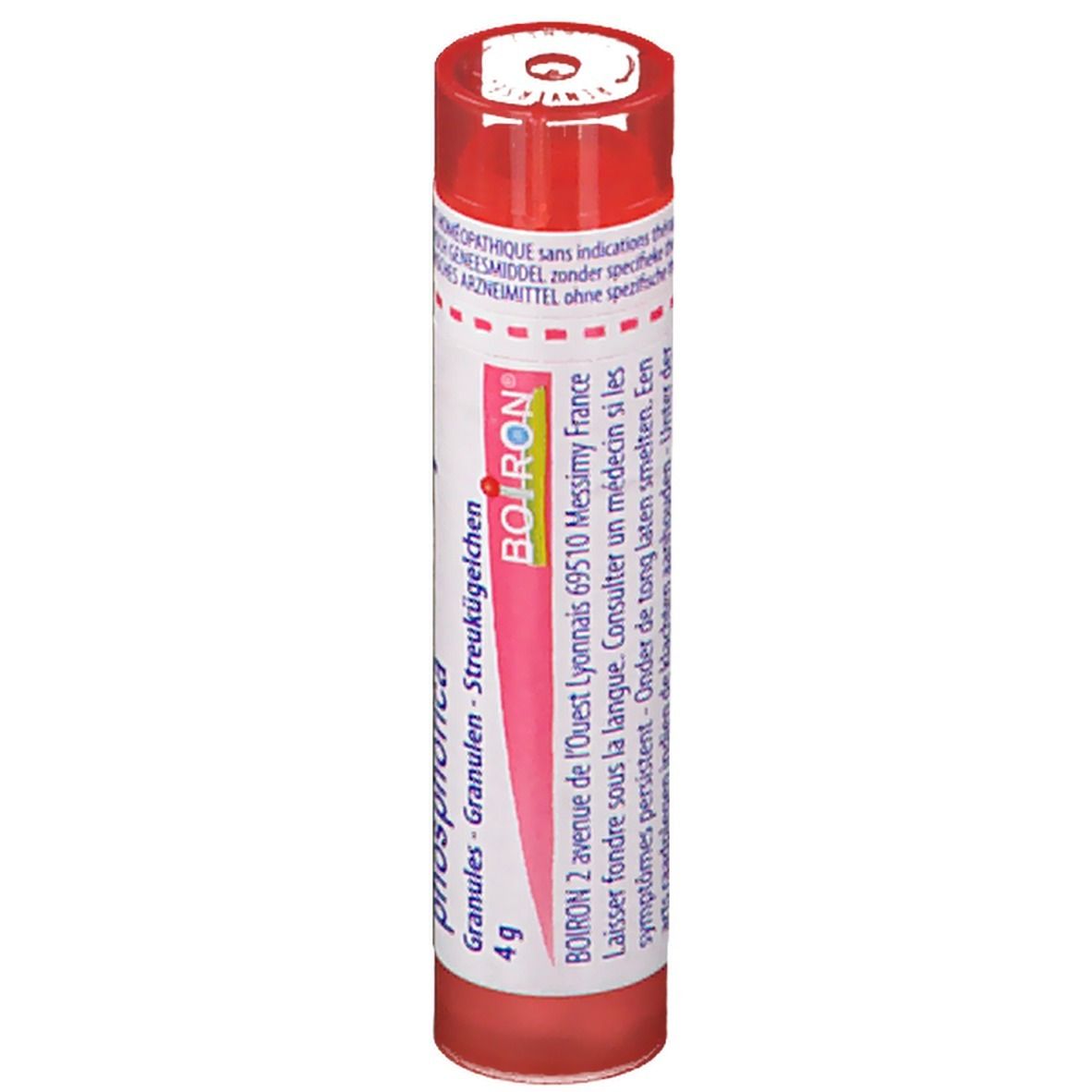 Rode tube met wit etiket. Opschrift: Boiron, Magnesia phosphorica, 4 g, granules.