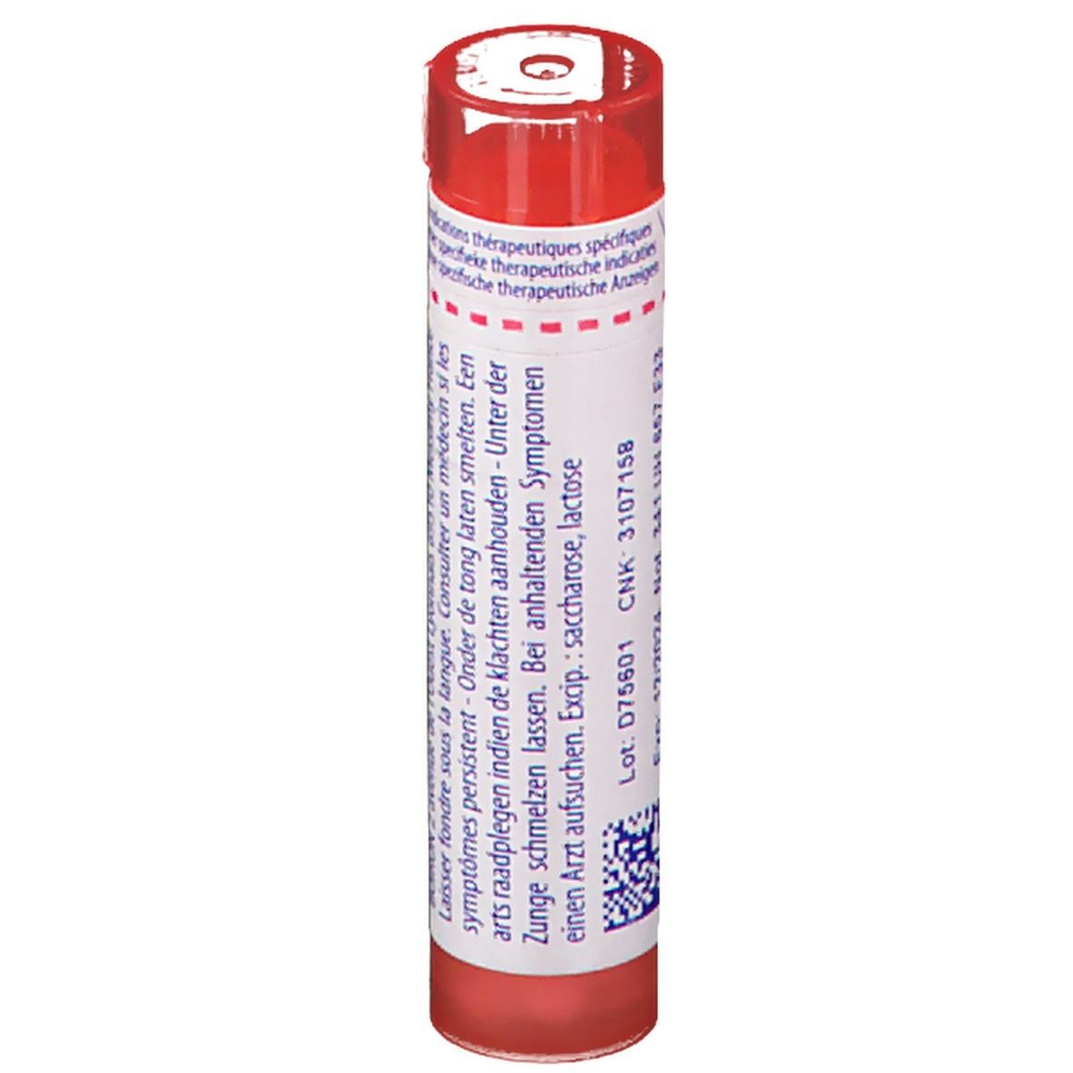 Rode tube met wit etiket. Opschrift: Sacharose, lactose. Meertalige tekst.