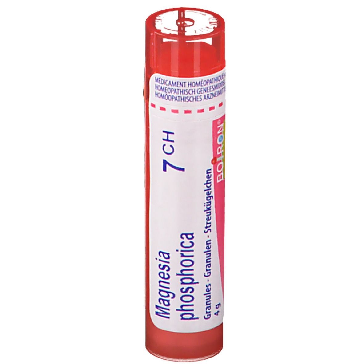 Rode cilindervormige tube met wit etiket. Opschrift: Magnesia phosphorica 7 CH, granules.