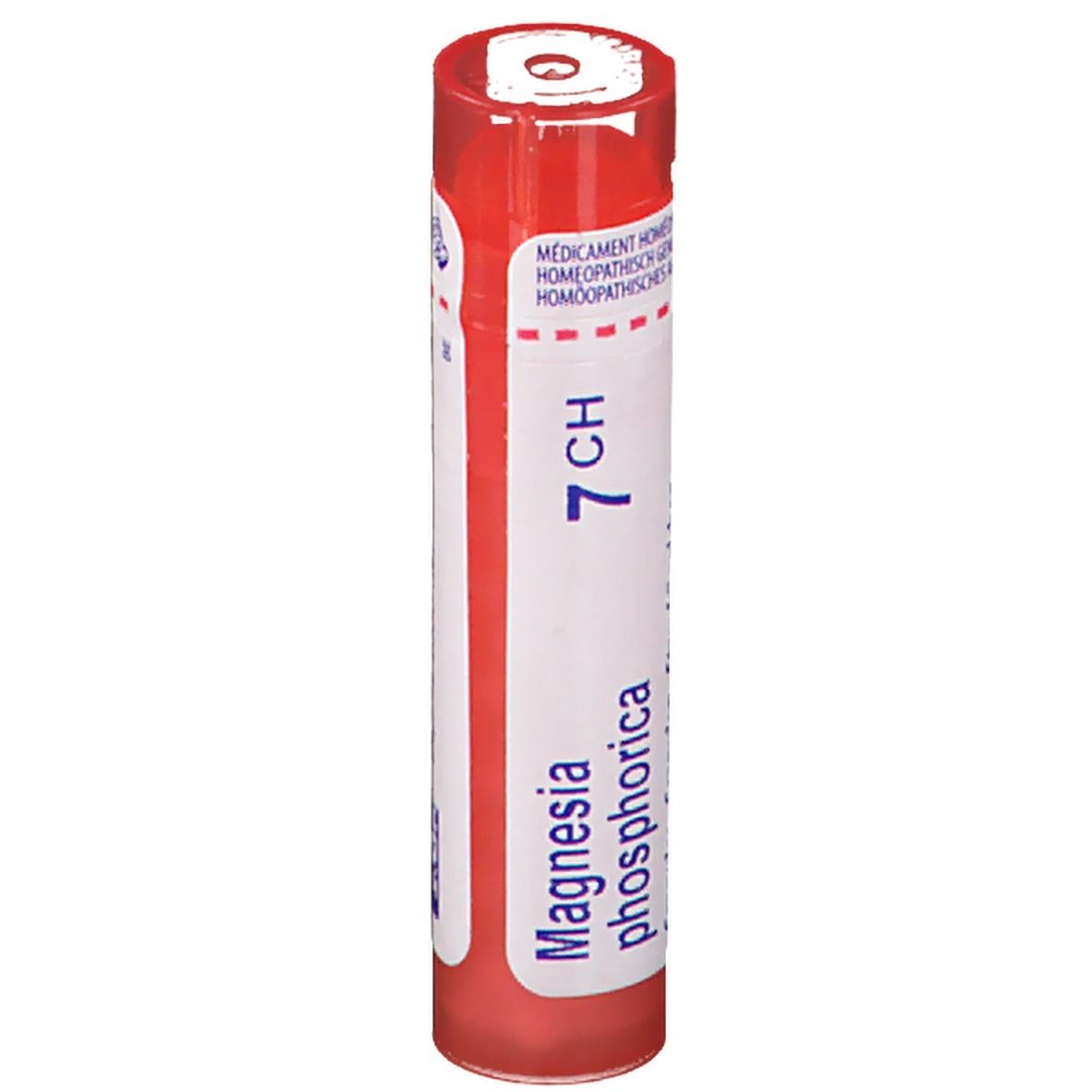 Rode tube met wit etiket. Opschrift: Magnesia phosphorica 7 CH, granules.