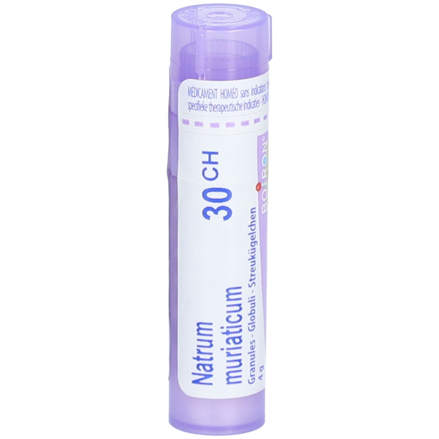 Tube violet de granules 'Natrum muriaticum 30 CH'.