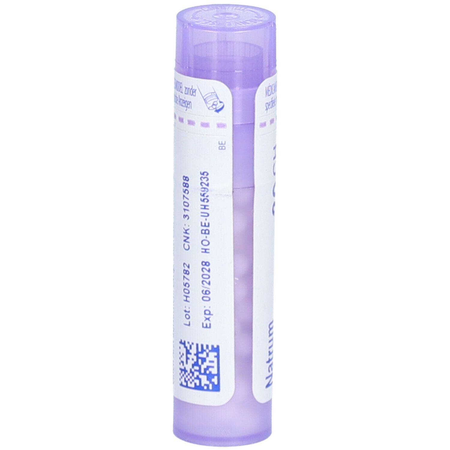 Tube violet avec informations: CNK, lot et date d'expiration.