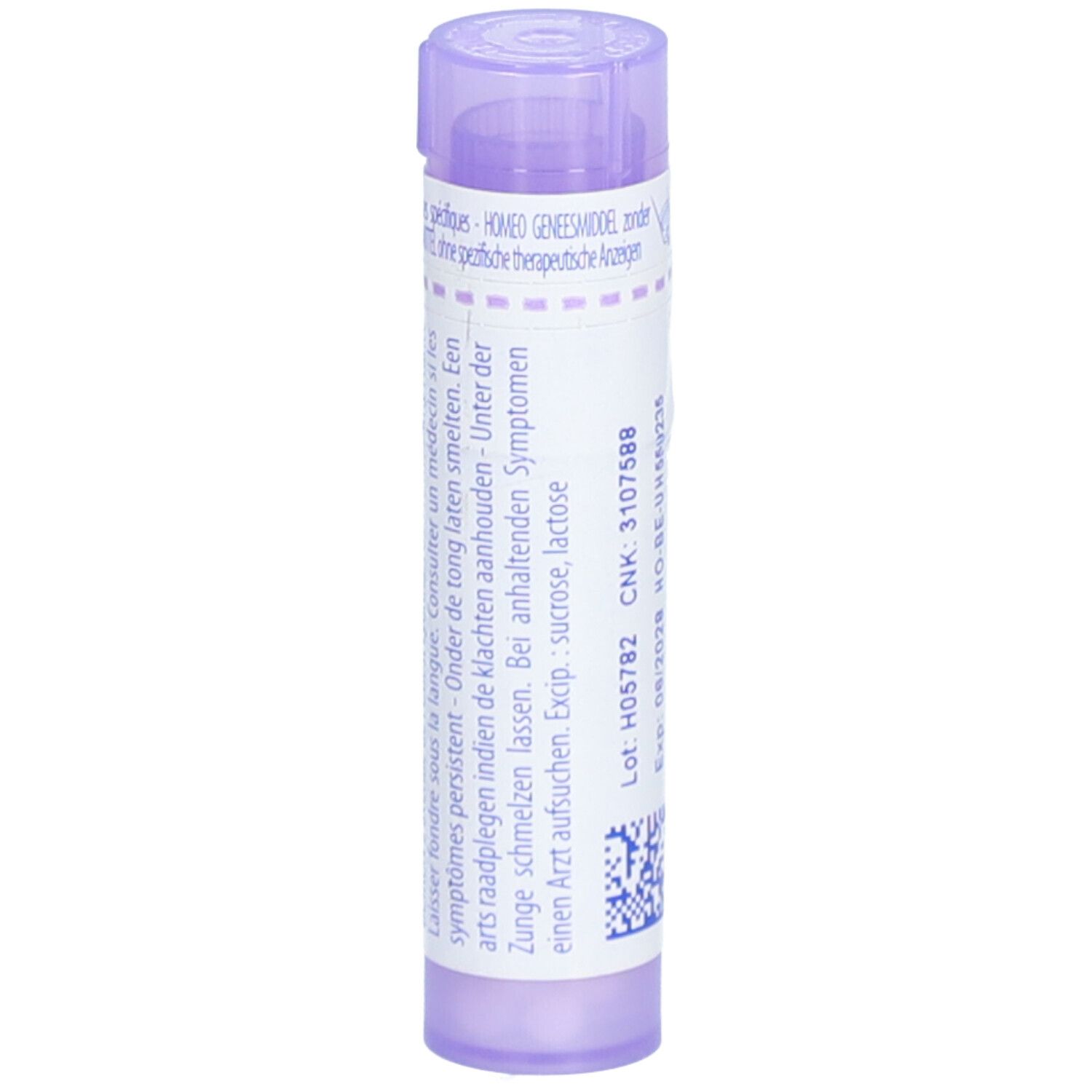 Tube violet avec texte sur l'utilisation et les ingrédients: sucrose, lactose.