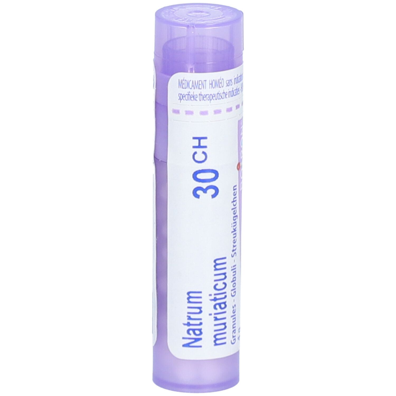 Tube violet avec inscription 'Natrum muriaticum 30 CH'.