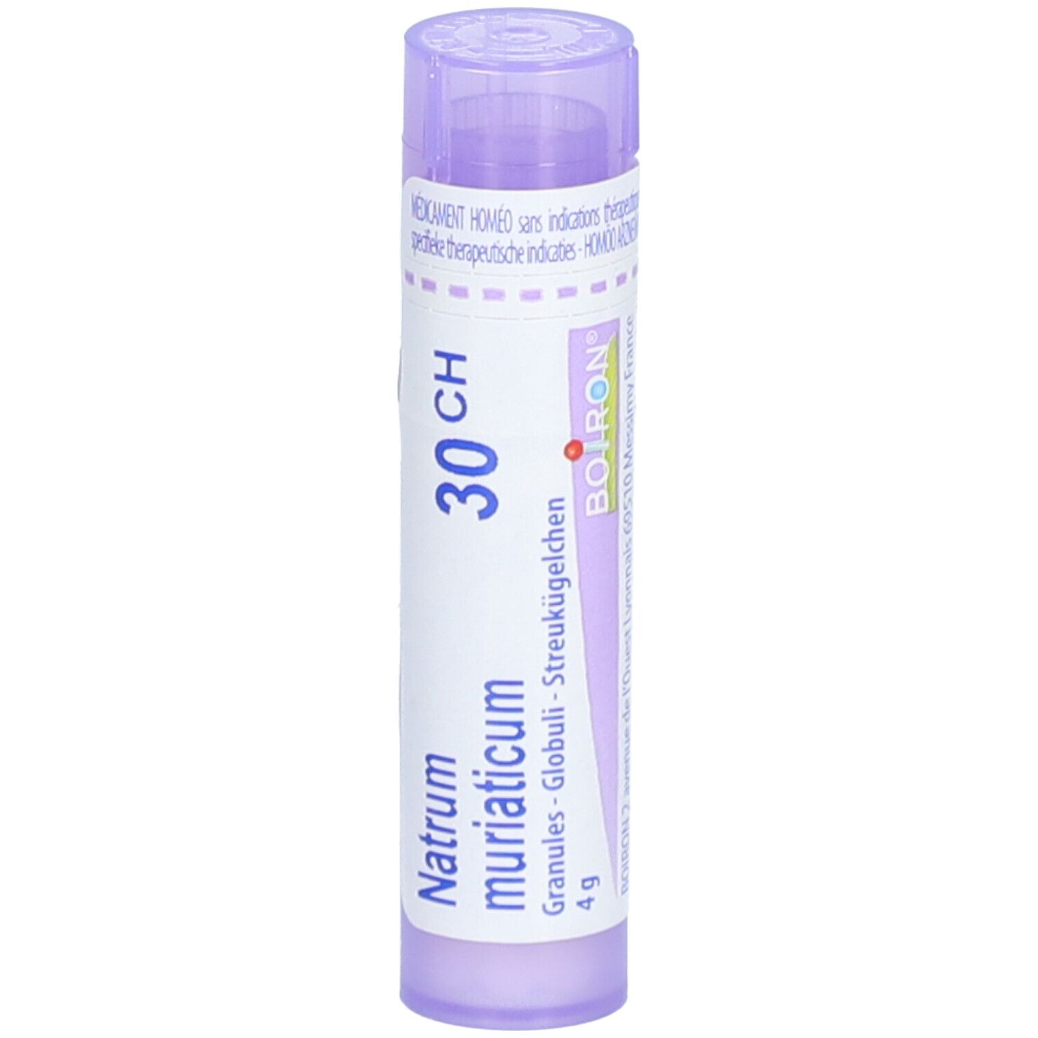 Tube violet avec inscription 'BOIRON' et 'Natrum muriaticum 30 CH'.