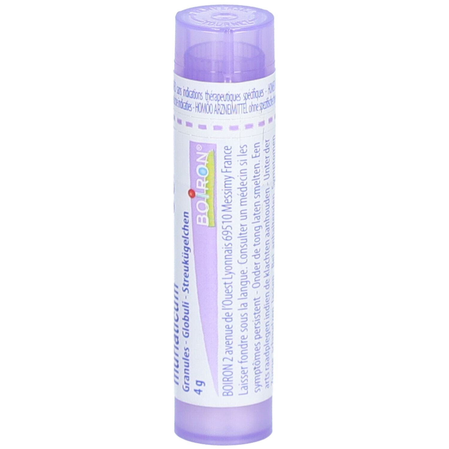 Tube violet avec 'BOIRON', adresse et 'Natrum muriaticum 30 CH'.