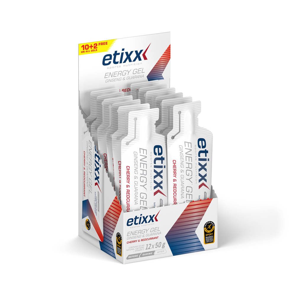 Présentoir Etixx Energy Gel. Contient 12 gels. Ginseng & Guarana, Cerise & Groseille. 10+2 gratuits. Blanc, rouge, bleu.