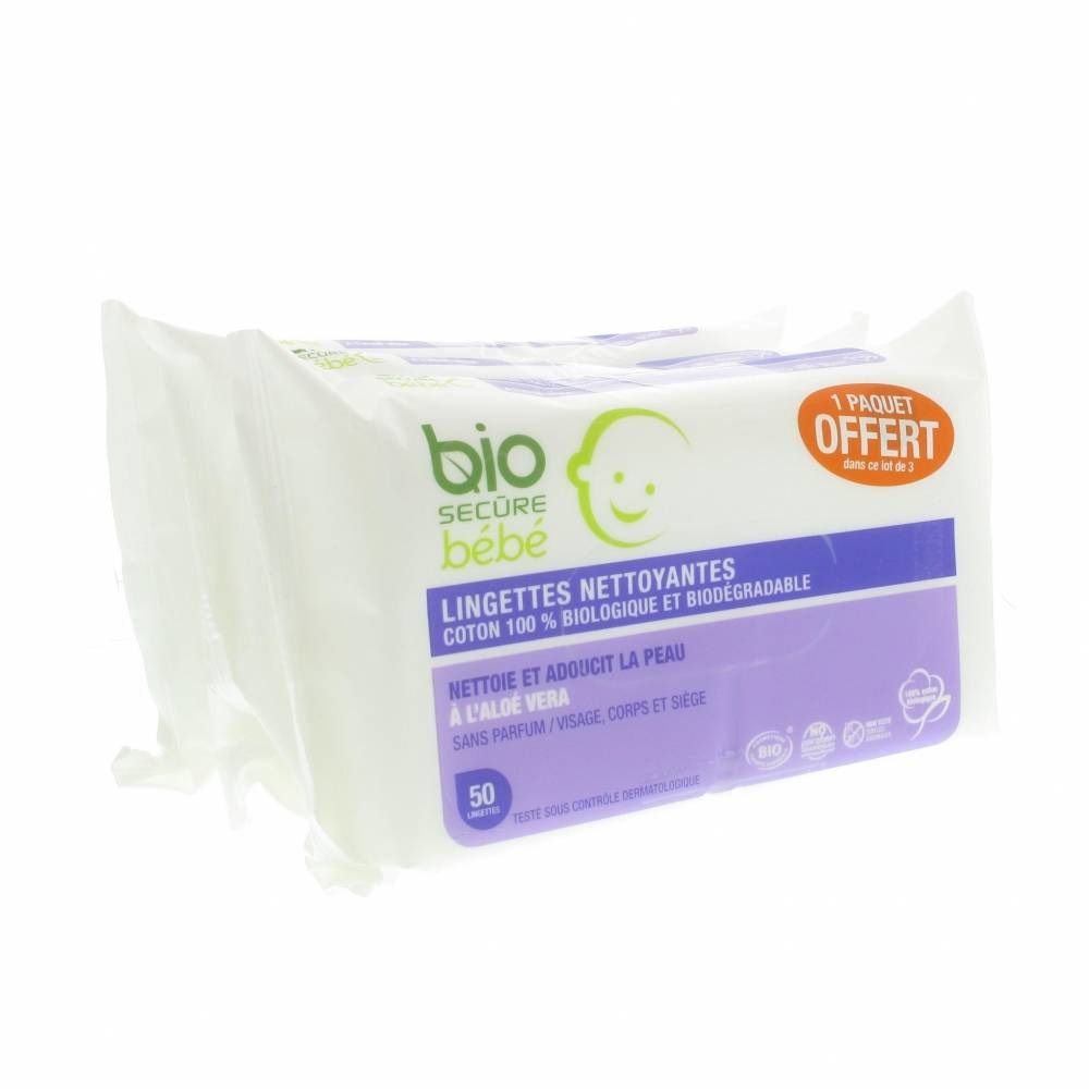 Paquet de lingettes nettoyantes Bio Secure bébé. Emballage blanc avec accents violets et verts. Inscription : "Lingettes Nettoyantes".