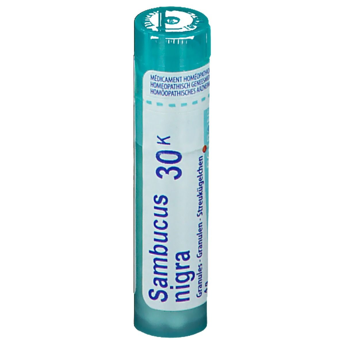 Tube cylindrique. Inscription: Sambucus nigra 30K, granules. Bouchon turquoise.