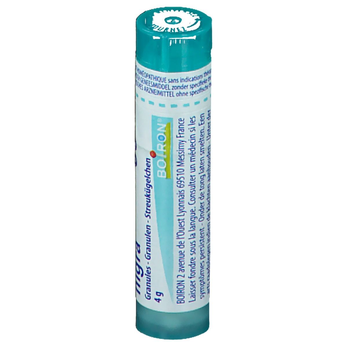 Tube cylindrique. Inscription: BOIRON, 4 g. Texte en allemand, français, néerlandais.