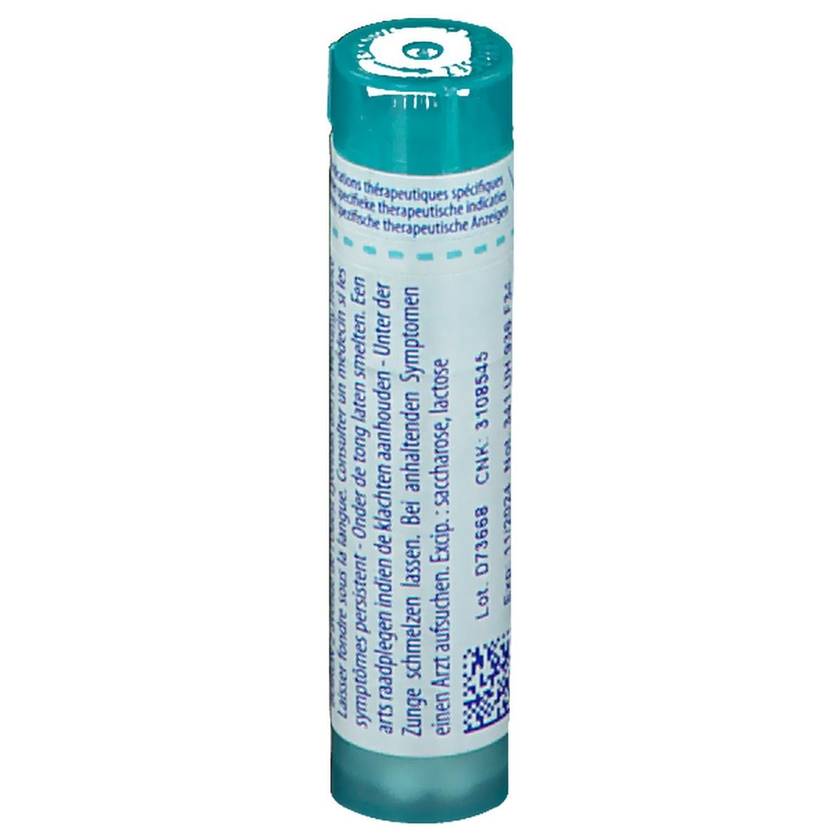 Tube cylindrique. Texte: Laisser fondre sous la langue. Ingrédients: saccharose, lactose.