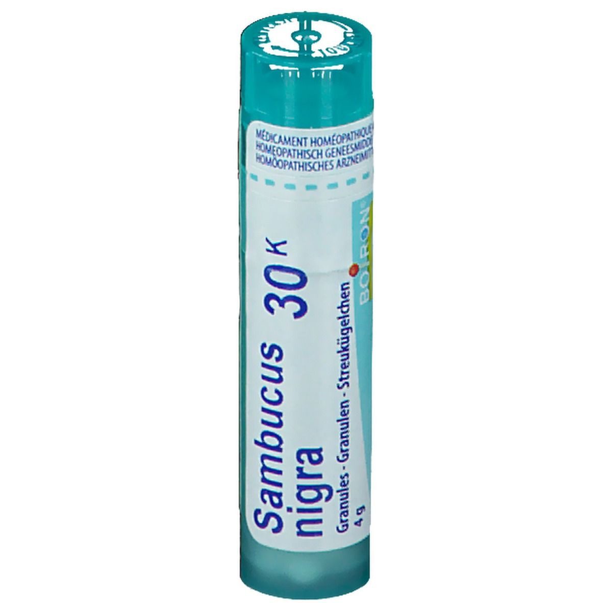 Tube cylindrique. Inscription: Sambucus nigra 30K, granules. Bouchon turquoise.