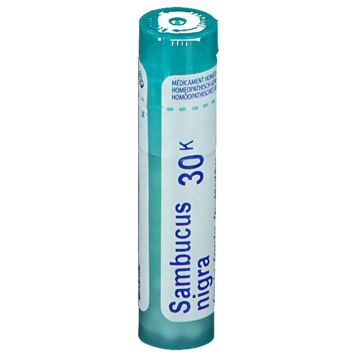 Tube cylindrique. Inscription: Sambucus nigra 30K, granules. Bouchon turquoise.