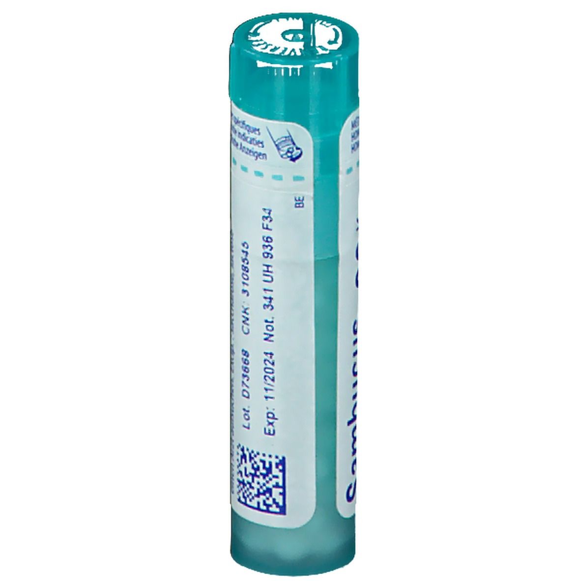 Tube cylindrique. Texte: Exp: 11/2024. Code QR. Bouchon turquoise.