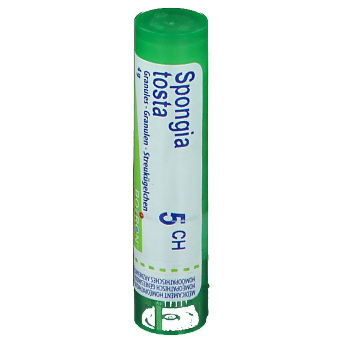Tube cylindrique vert avec étiquette blanche. Inscription: Spongia tosta 5 CH, BOIRON. Contient des granules.