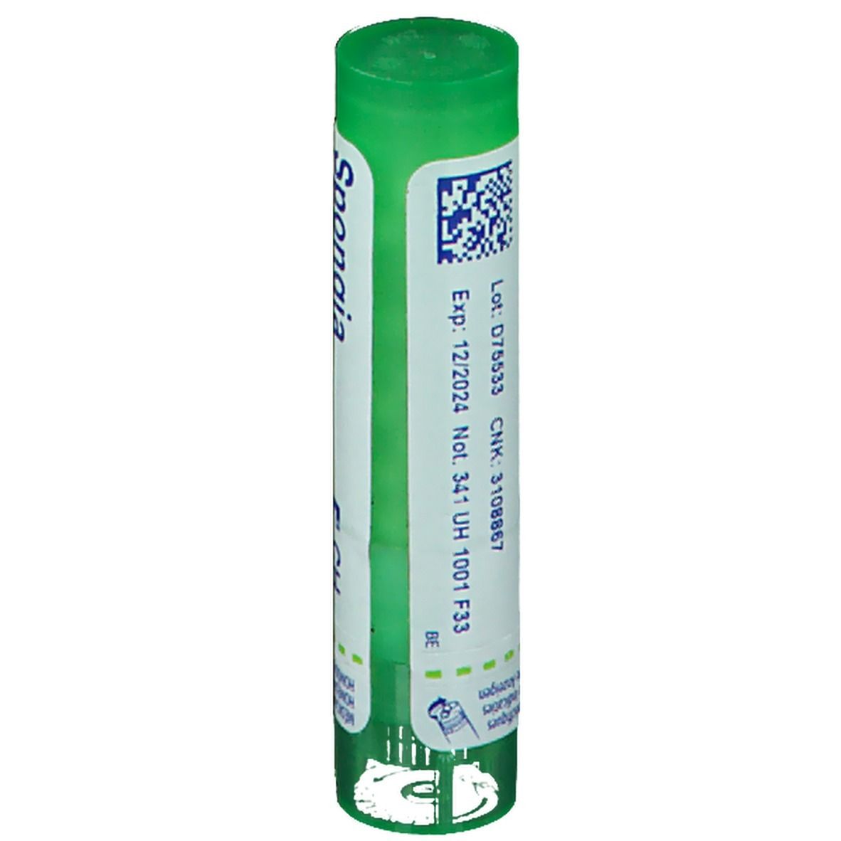 Tube cylindrique vert. Sur l'étiquette: code CNK, numéro de lot, date d'expiration. Avec code QR.