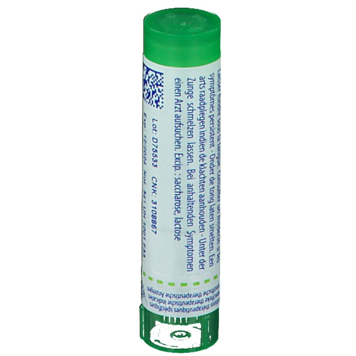 Tube cylindrique vert. Sur l'étiquette: mode d'emploi, ingrédients. Avec code QR.