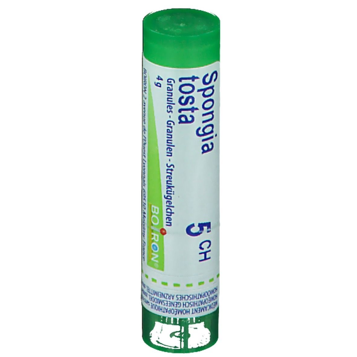 Tube cylindrique vert avec étiquette blanche. Inscription: Spongia tosta 5 CH, BOIRON, 4g granules.