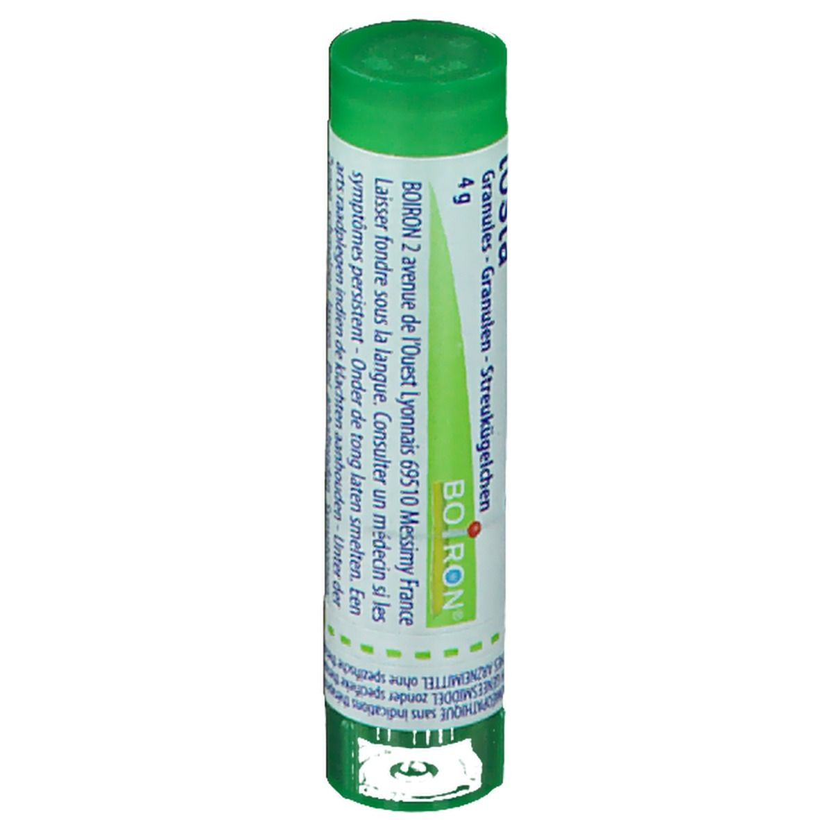 Tube cylindrique vert avec étiquette blanche. Inscription: BOIRON, 4g, mode d'emploi. Contient des granules.