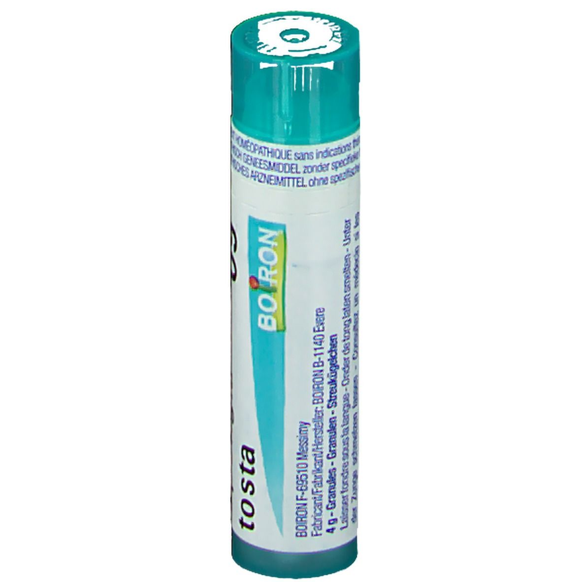 Flacon cylindrique vert. Inscription: Spongia tosta, Boiron, 4 g granules.