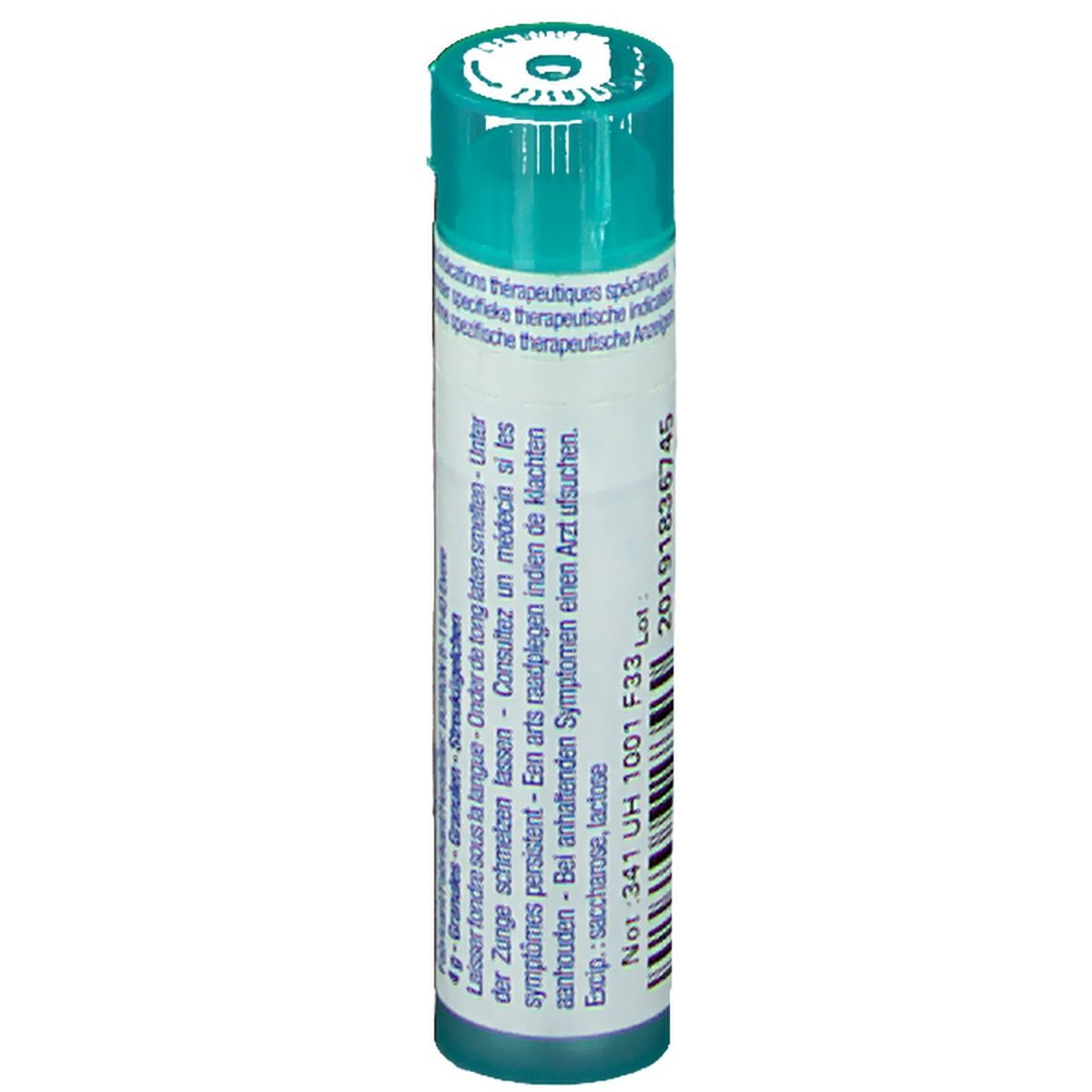 Flacon cylindrique vert. Inscription: Spongia tosta, Boiron. Contient des informations.