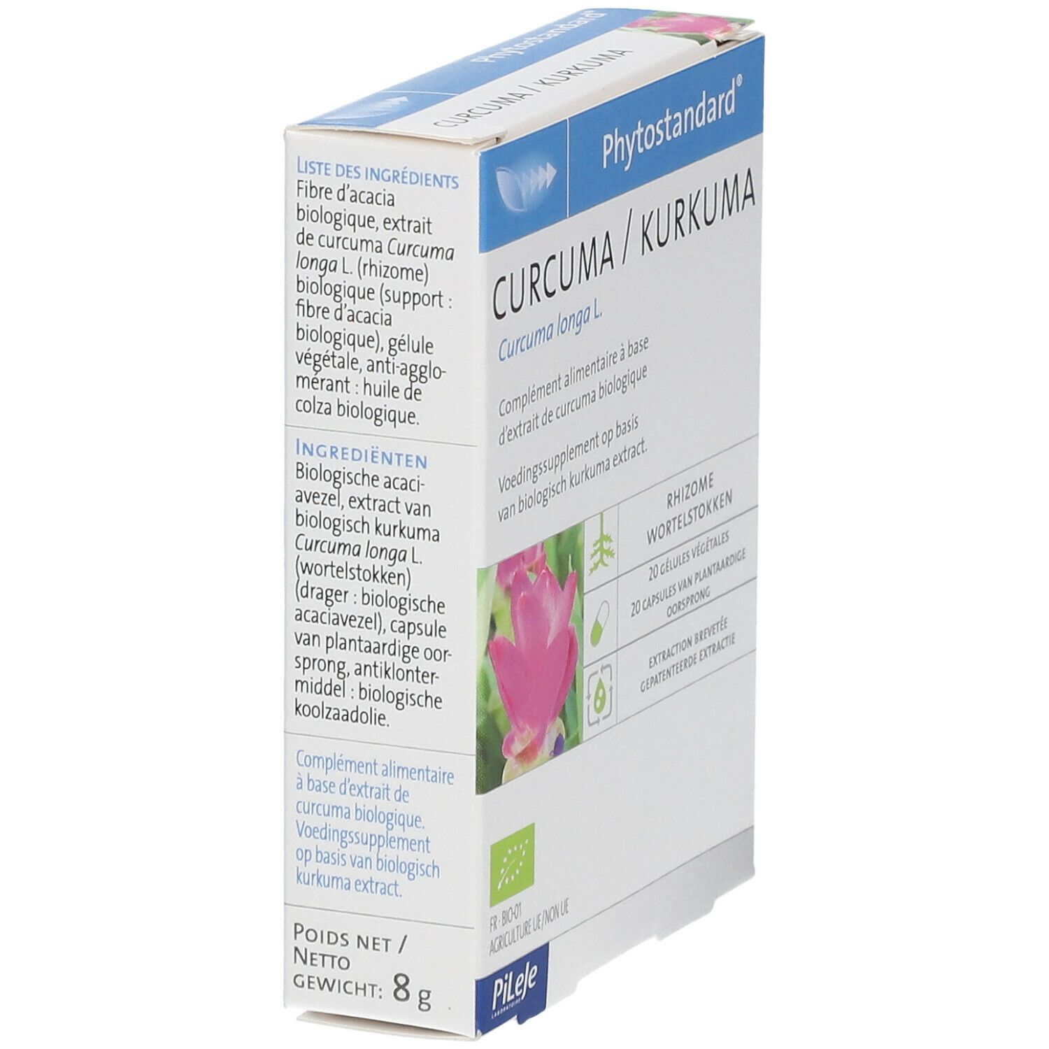 Doosje voedingssupplement. Opschrift Curcuma/Kurkuma. Merk: Phytostandard. Bevat 20 capsules.