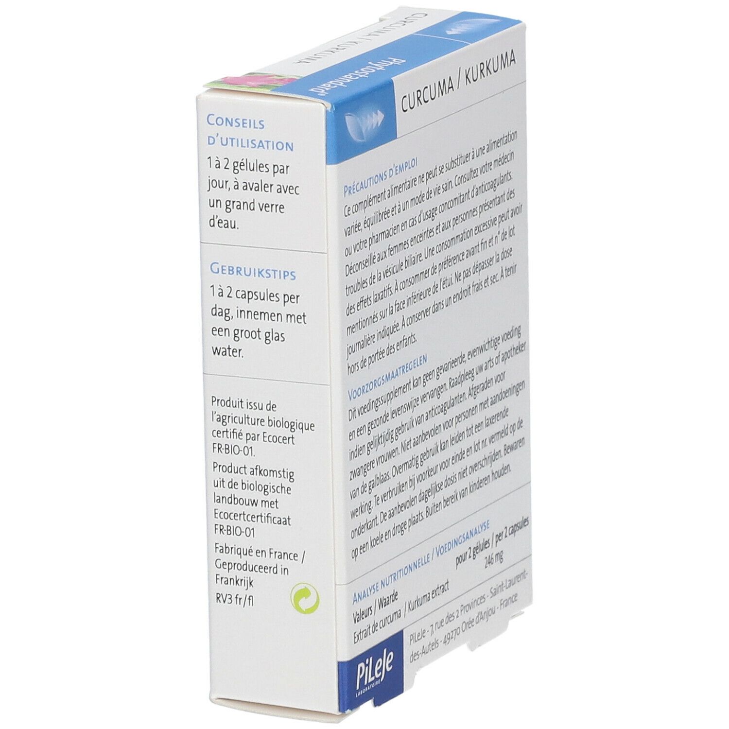 Zijaanzicht van de verpakking. Teksten over gebruikstips en voedingsanalyse. Merk: Pileje.