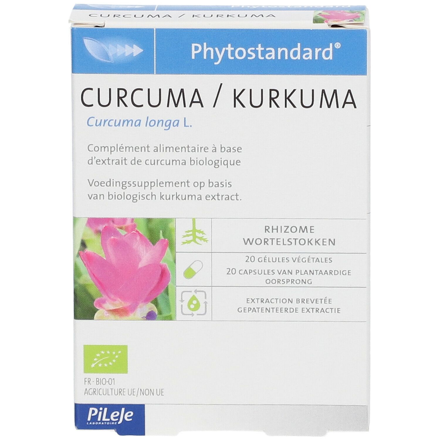 Voorkant van de verpakking. Productnaam: Curcuma/Kurkuma. Merk: Phytostandard. Bevat 20 capsules.