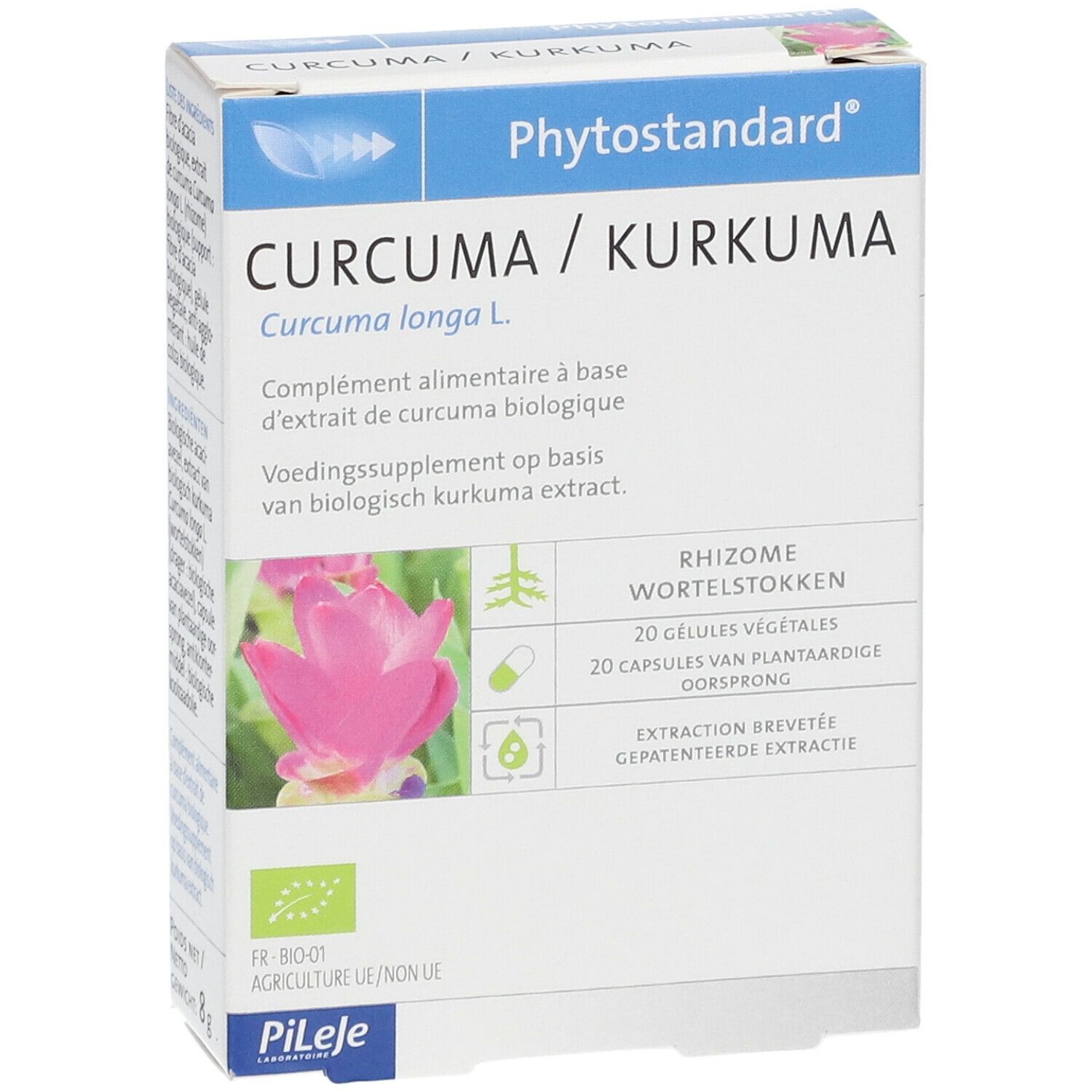 Voorkant van de verpakking. Productnaam: Curcuma/Kurkuma. Merk: Phytostandard. Bevat 20 capsules.