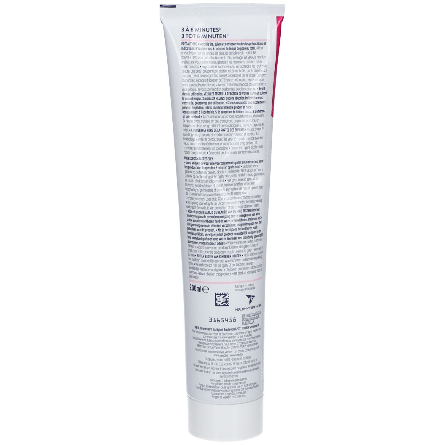 Dos du tube de crème. Informations textuelles en plusieurs langues. Contient 200ml. Avec différents logos.