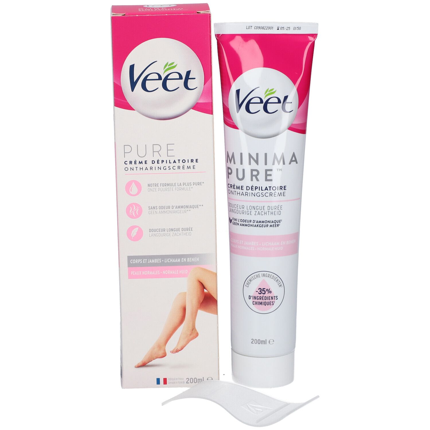 Emballage du produit avec tube, boîte et spatule. Inscription: Veet MINIMA PURE. Contient 200ml.