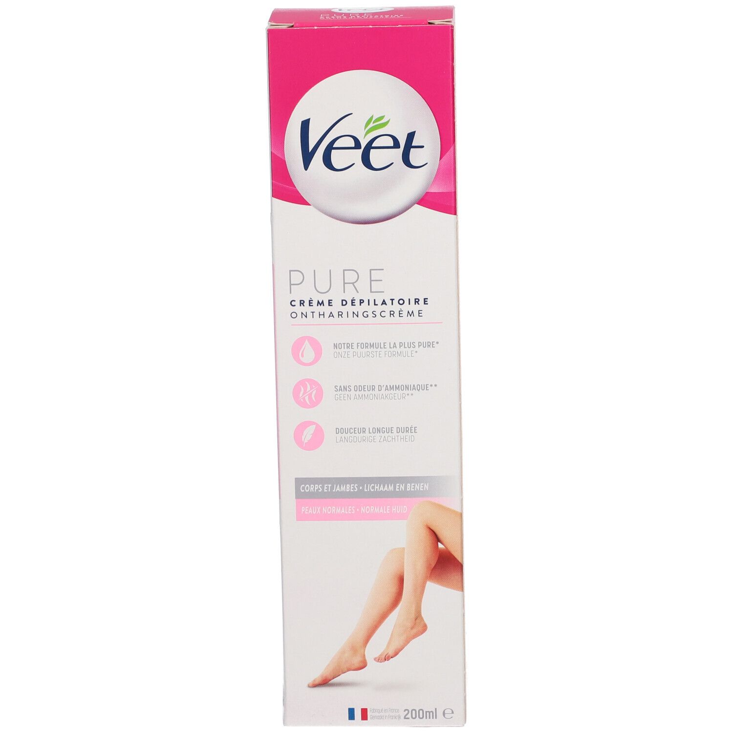 Emballage en carton. Inscription: Veet PURE. Illustration de jambes. Contient 200ml.