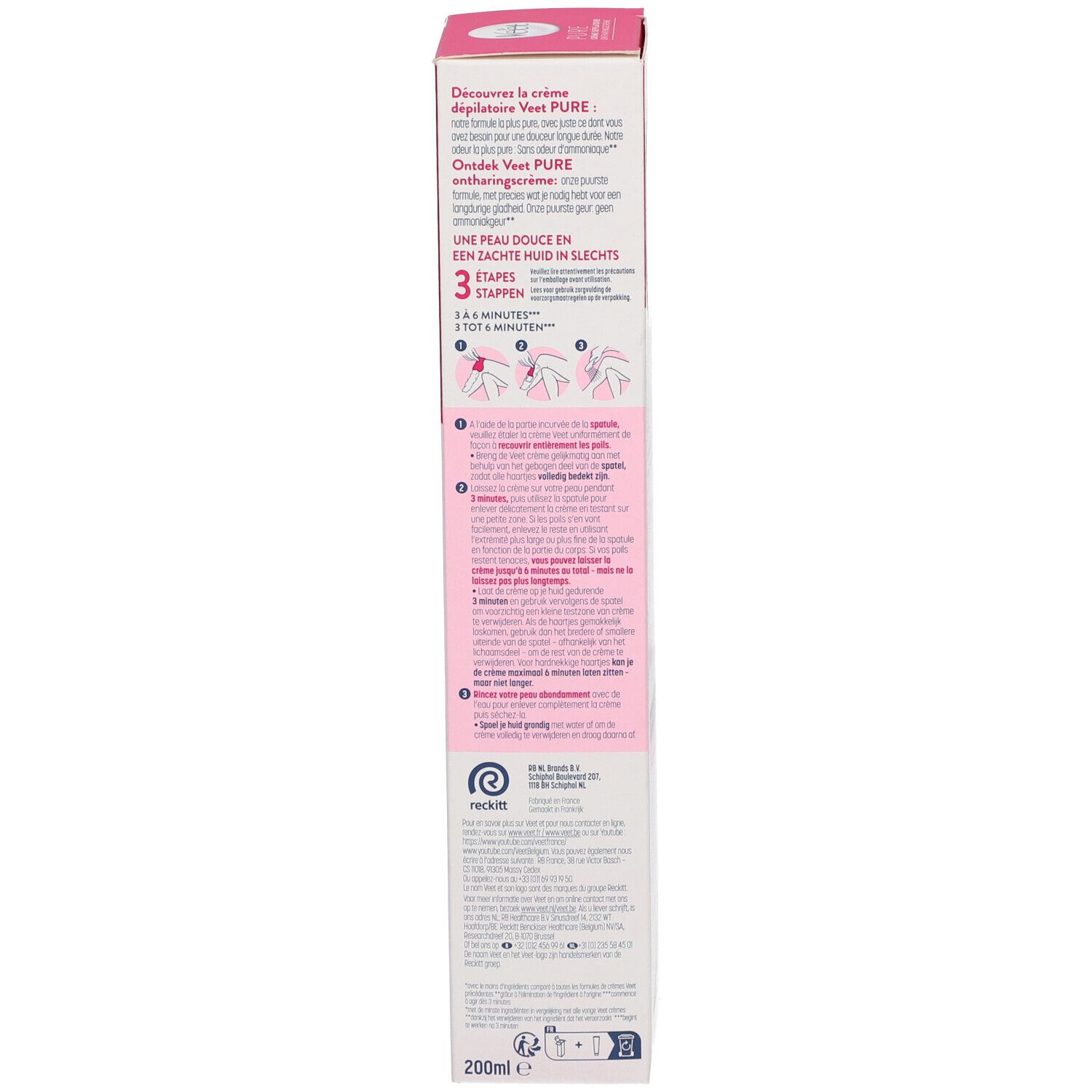 Dos de l'emballage en carton. Informations textuelles et illustrations. Contient 200ml.