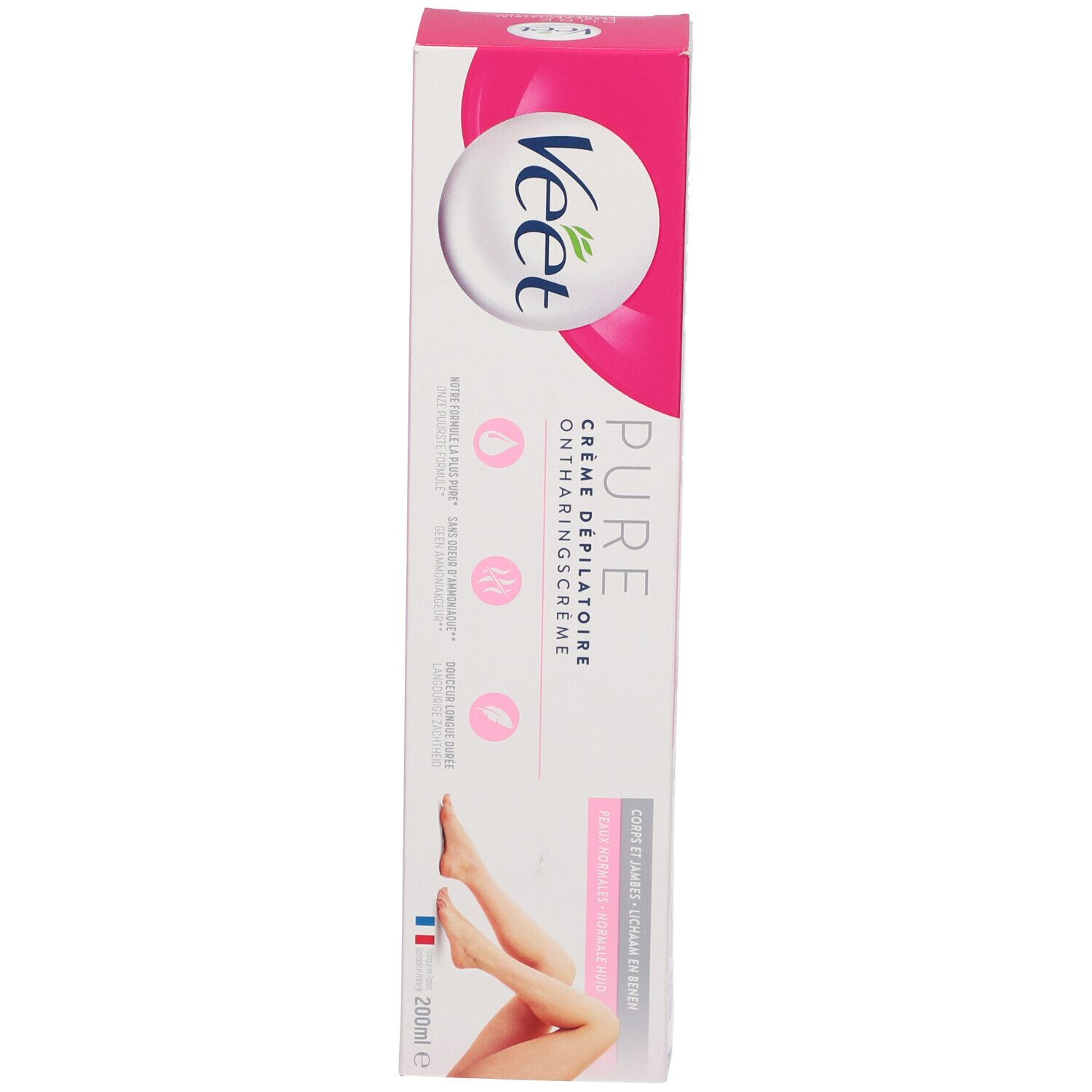 Face avant de l'emballage en carton. Inscription: Veet PURE. Illustration de jambes. Contient 200ml.