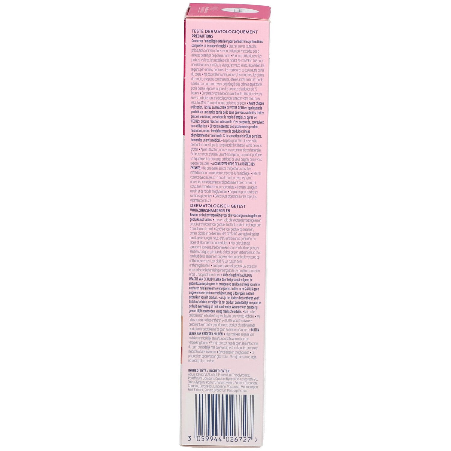 Dos de l'emballage en carton. Informations textuelles et code-barres. Contient 200ml.