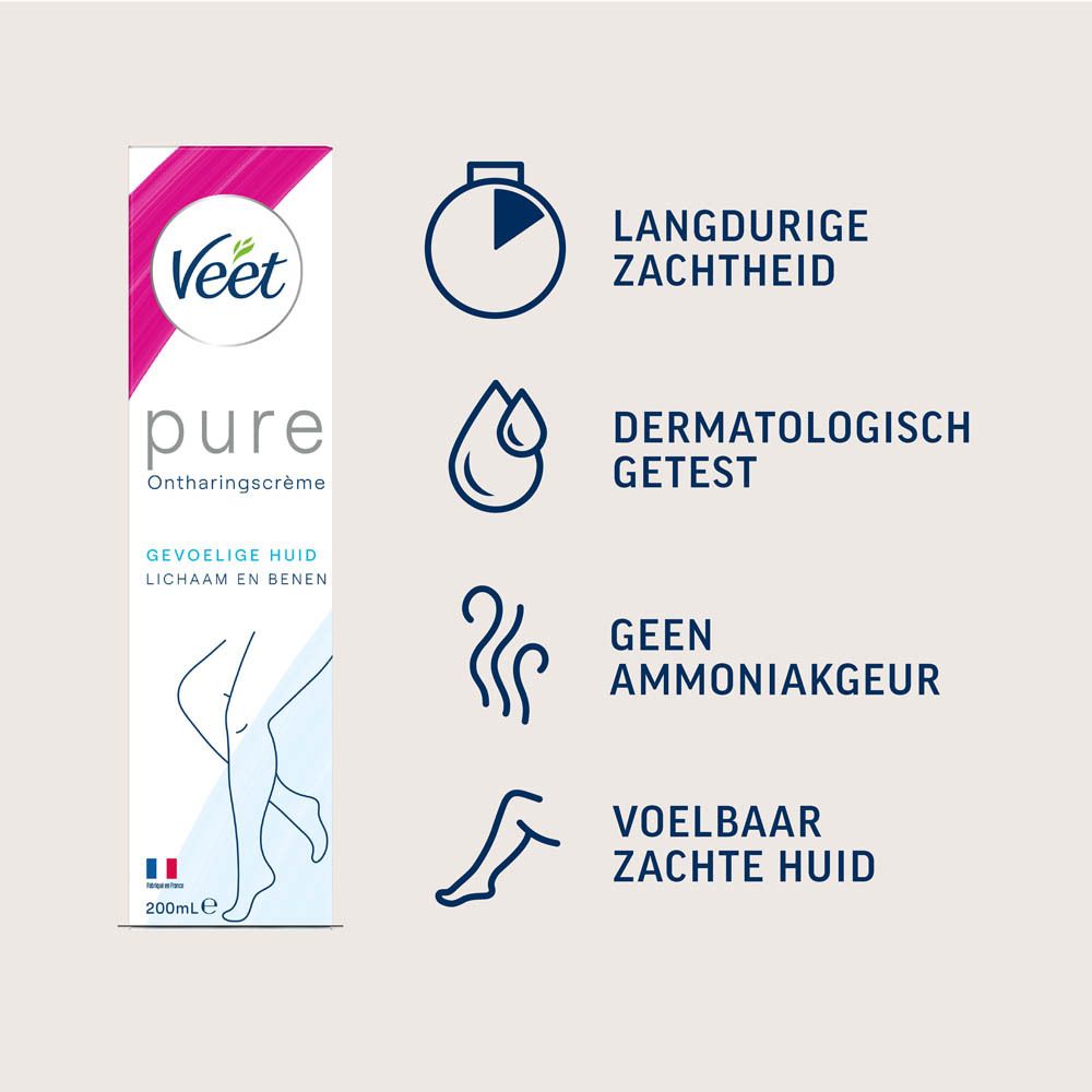 Veet Pure ontharingscrème voor gevoelige huid, 200ml. Dermatologisch getest, geen ammoniakgeur.